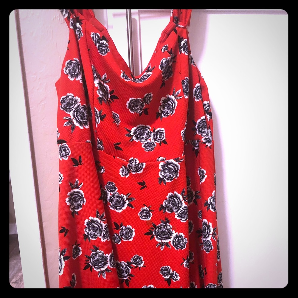 Red with grey roses off the shoulder dress
